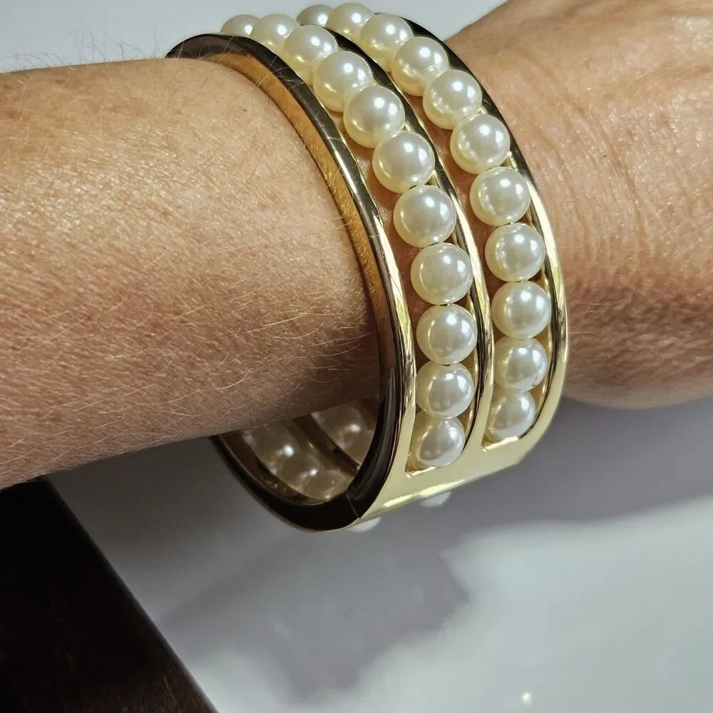Gold Tone Cream Faux Pearl Double Layer Hinged Bangle Bracelet Approx 6.75